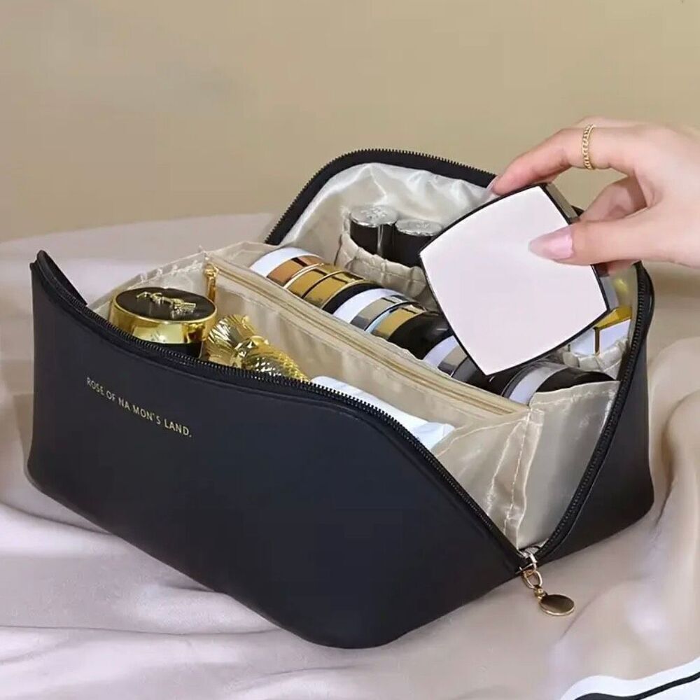 NWT Gorgeous Big Black Multi Compartments Travel Organizer Makeup Cosmetics Bag